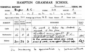 Extract from Hampton Grammar School report