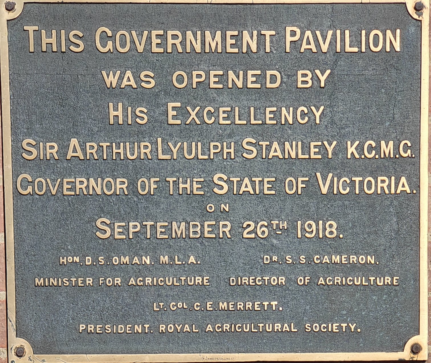 Government Pavilion opening plaque, Sept 26th 1918
