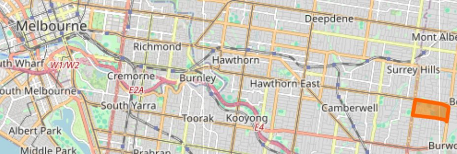 Location plan: Melbourne CB top left, Wattle Park far right